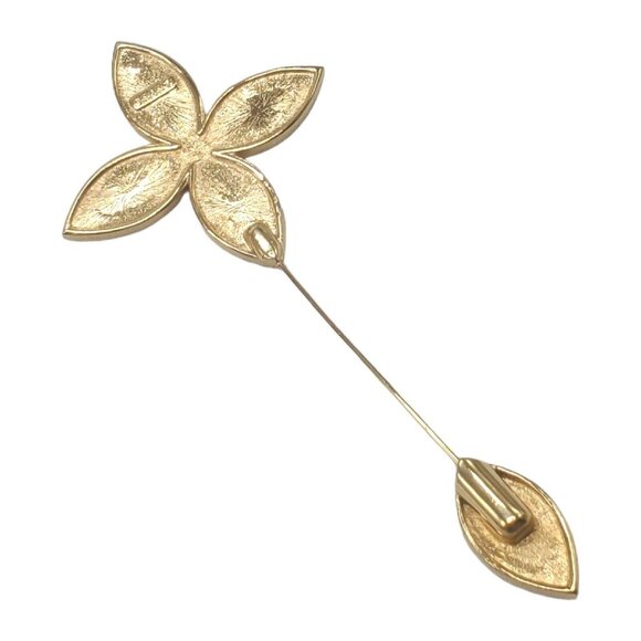 Vtg Monet Quatrefoil Stick Lapel Pin Brooch 4" Red Enamel Gold Tone Rhinestone - Picture 7 of 8